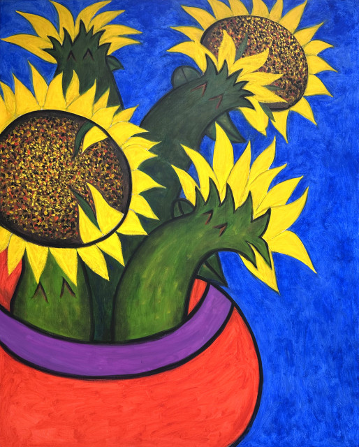 전시 대표작품 ‘Sunflowers in Cobalt blue with a Red vase’, Oil on Linen, 160.2x130.3cm, 2024.